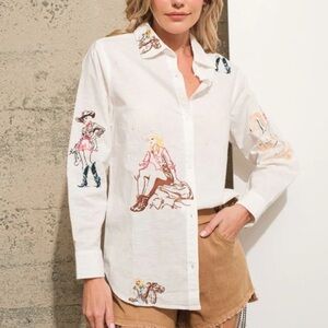 White Linen Collared Shirt with Western Embroidery